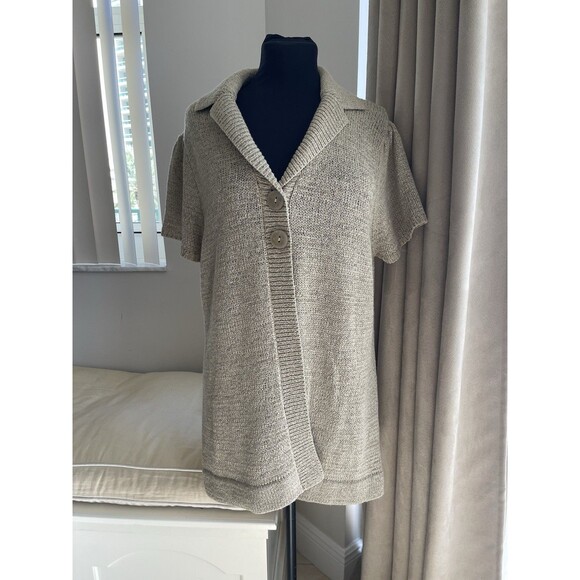 August Silk Women Tan Short Sleeve Large Button Acrylic Ribbon Knit Cardigan XL - Picture 1 of 8